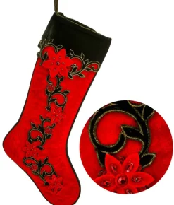 25" Berry Vine Jewel Poinsettia Velvet Stocking