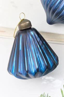 3.5" Blue Ribbed Glass Ornament