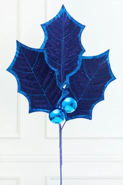 39" Blue Velvet Holly Leaves Spray
