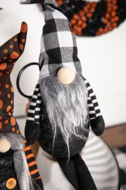 22” B/O Lighted Fabric Halloween Gnome Shelf Sitter