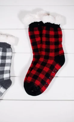 Buffalo Plaid Thermal Slipper Socks with Non-Slip Grippers