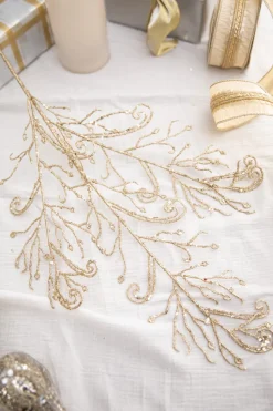 34" Champagne Glitter Lace Leaf Spray