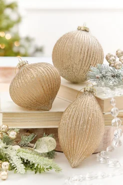 4" - 6" Champagne Glitter Ribbed Glass Ornament