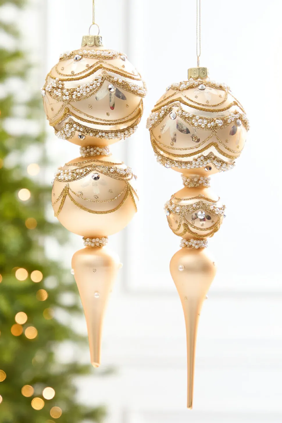 11" Champagne & Pearl Trimmed Finial Glass Ornament