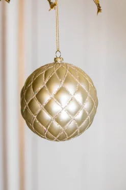10 CM Champagne Matte Glitter Quilted Net Ball Ornament
