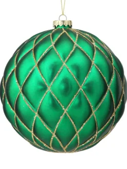 15 CM Emerald Green Matte Glitter Quilted Net Ball Christmas Ornament