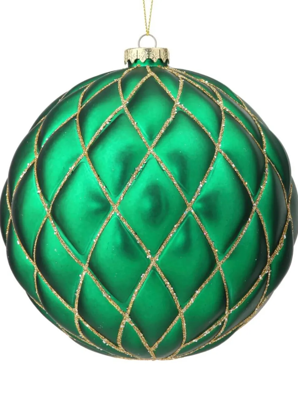 15 CM Emerald Green Matte Glitter Quilted Net Ball Christmas Ornament