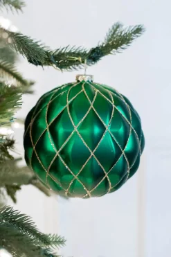 15 CM Emerald Green Matte Glitter Quilted Net Ball Christmas Ornament