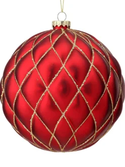 15 CM Red Matte Glitter Net Quilted Ball Ornament