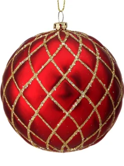 10 CM Red Matte Glitter Quilted Ball Ornament