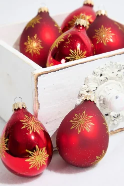 6ct Drop Glass Christmas Red & Red Velvet With Gold Snowflake