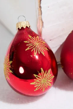 6ct Drop Glass Christmas Red & Red Velvet With Gold Snowflake