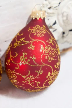 6ct Glass Drop Christmas Red & Red Velvet with Gold Floral Glitterlace