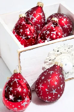 6ct Glass Drop Christmas Red & Red Velvet with Silver Stars