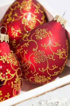 4ct Glass Drop Christmas Red Velvet Gold Floral Glitter Ornament