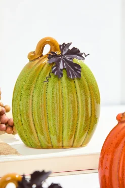 4.7" Dolomite Harvest Pumpkin Figurine with Metal Leaf