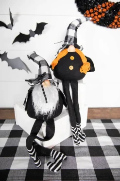 22” Fabric Halloween Buffalo Check Gnome Shelf Sitter