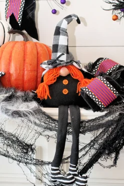 22” Fabric Halloween Buffalo Check Gnome Shelf Sitter
