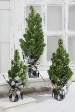 Flocked Pine Tree With Plaid Fabric - Small