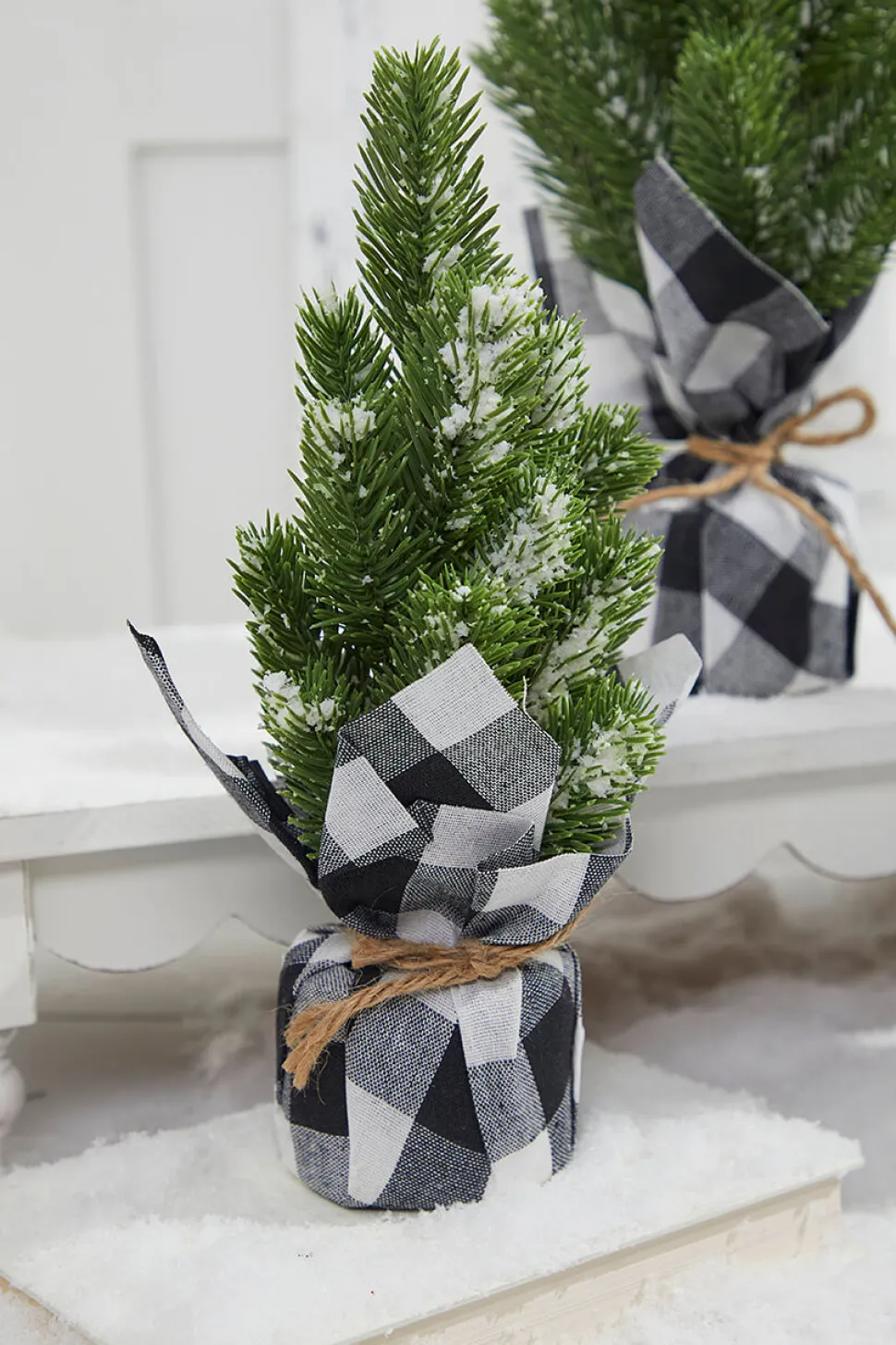 Flocked Pine Tree With Plaid Fabric - Small