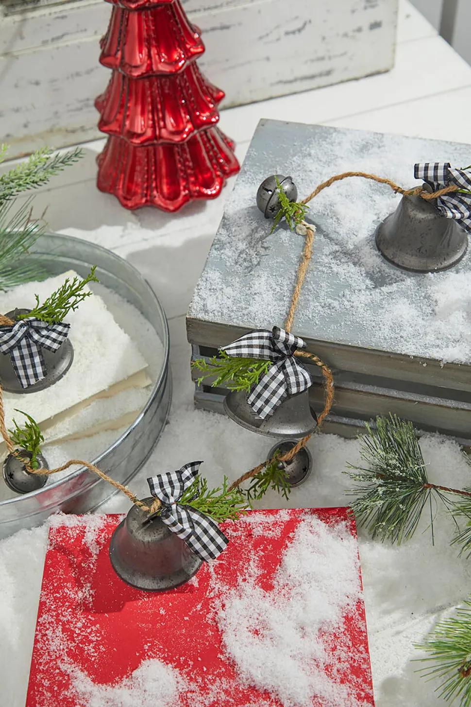 48” Galvanized Bells Garland with Country Check Bows