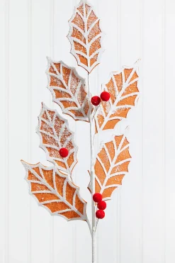 24” Gingerbread Leaf Stem with Red Berries