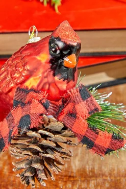 6" Glass Cardinal with Bow and Cone Ornament