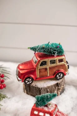 Glass Car with Bottle Brush Tree Décor