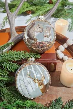 4" Glass Deer & Squirrel Scene Ball Ornament