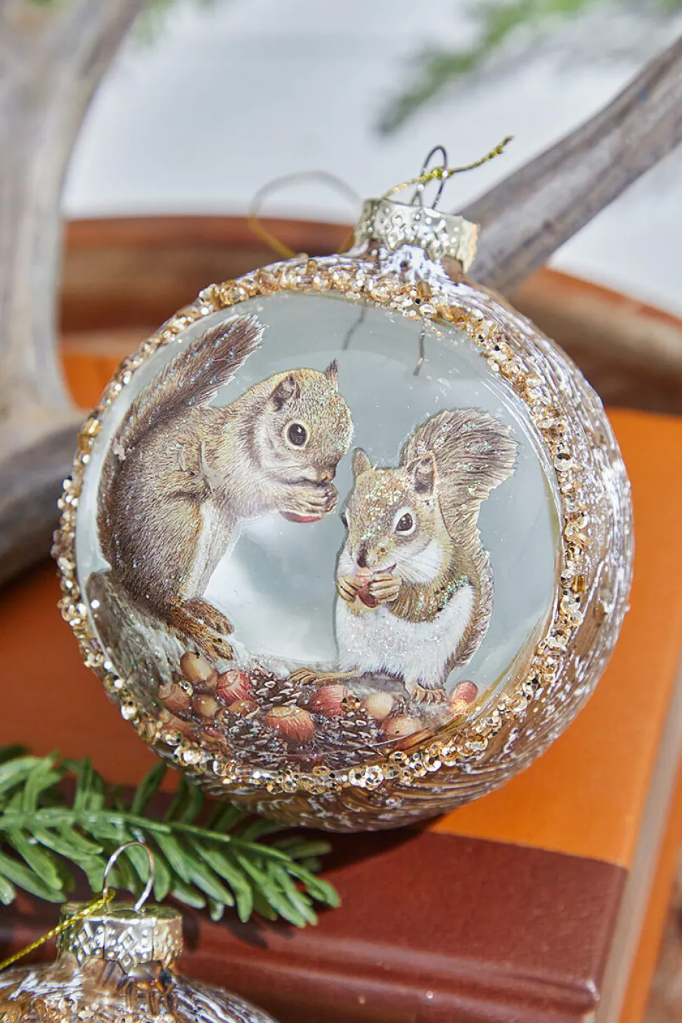 4" Glass Deer & Squirrel Scene Ball Ornament