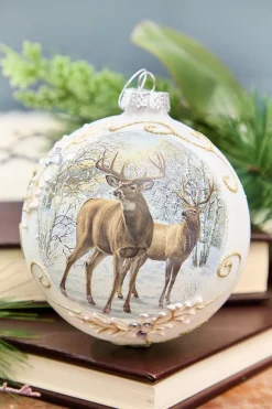 5” Glass Deer with Holly Scroll Ball Ornament