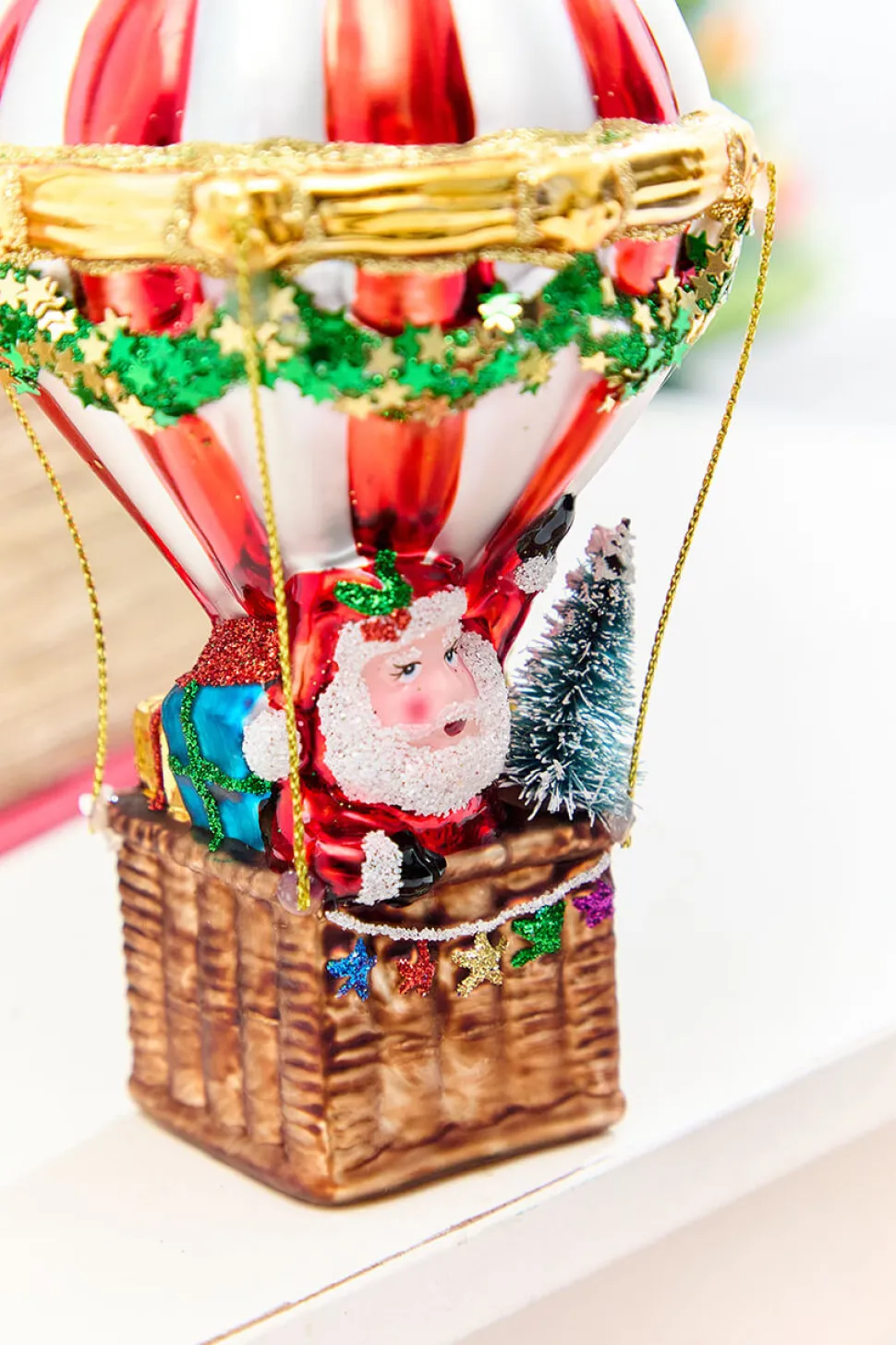 6" Glass Hot Air Balloon Santa Ornament
