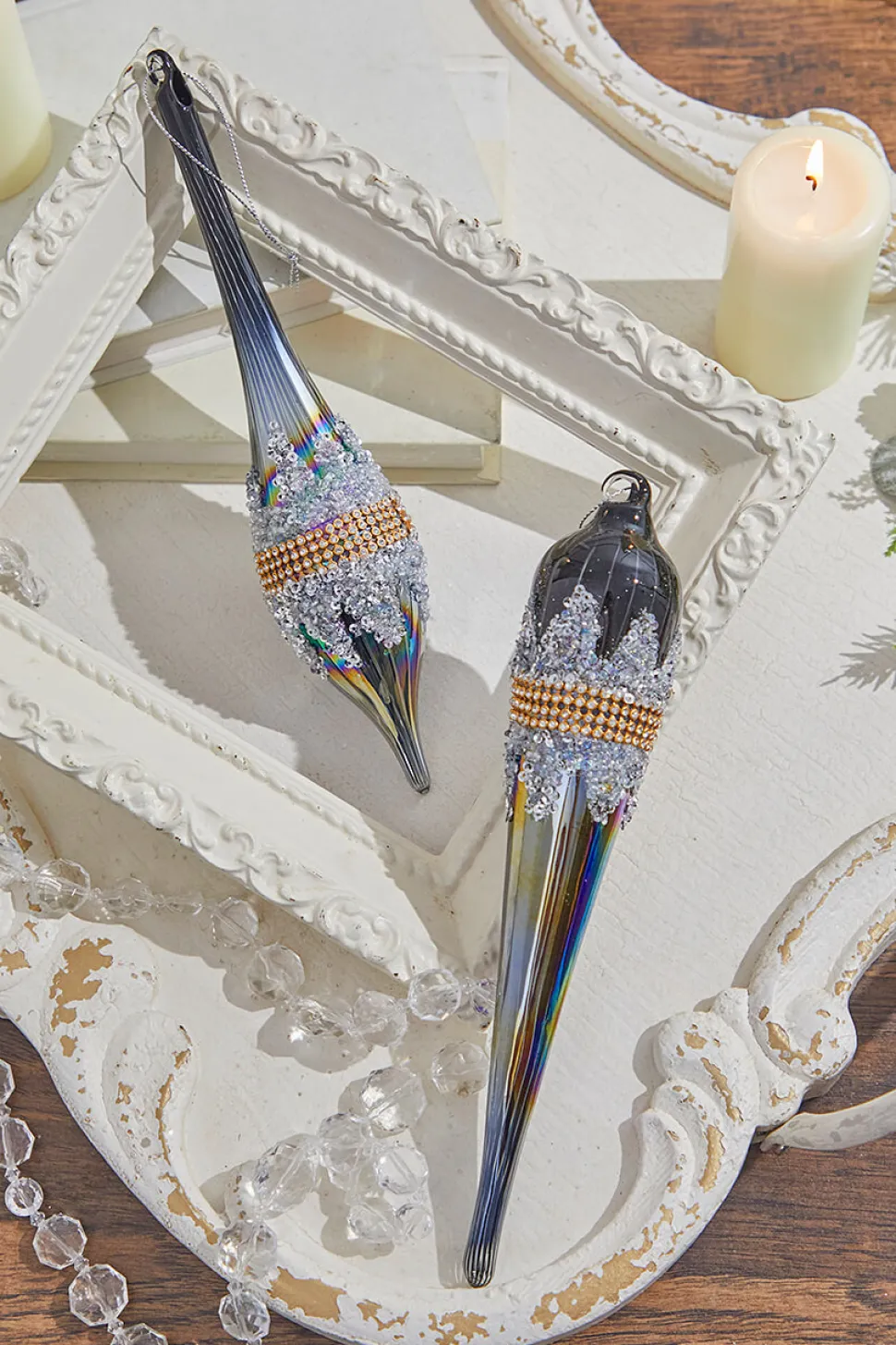 10" Glass Iridescent Jewel Finial Large Ornament