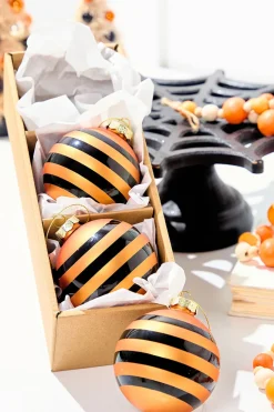3" Glass Orange Stripe Halloween Ball Ornament Box - Set of 3