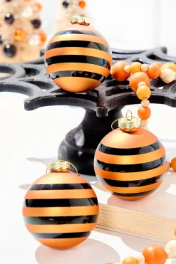 3" Glass Orange Stripe Halloween Ball Ornament Box - Set of 3