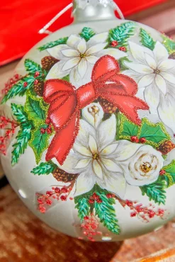 5" Glass Poinsettia Holly Ball Ornament