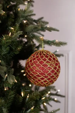 6” Glittered 2 Tone Net Ball Christmas Ornaments - Red/Gold