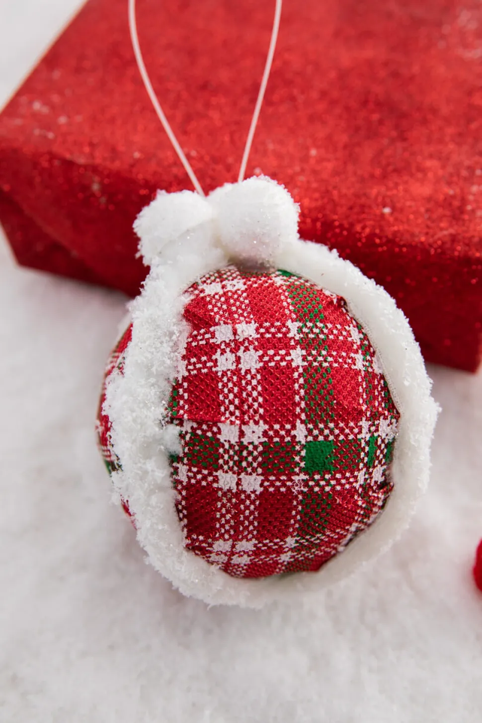 5” Glitter Fur Edge Plaid Ball Ornament