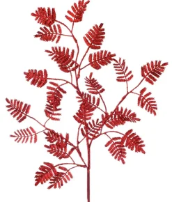 35” Glitter Lacy Fern Leaf Spray Red