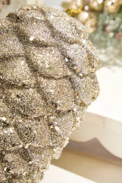 9" Glitter Pinecone with Hanger - Champagne