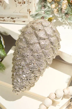 9" Glitter Pinecone with Hanger - Champagne