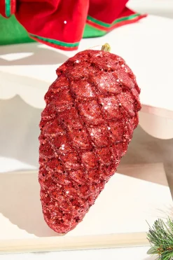 9" Glitter Pinecone with Hanger - Red