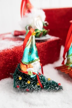 5” Gnome Riding A Cardinal/Tree/Shovel Glass Ornament