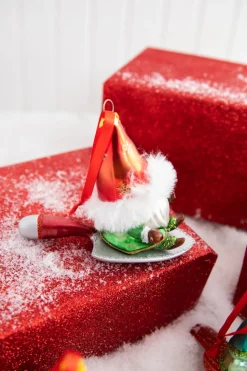 5” Gnome Riding A Cardinal/Tree/Shovel Glass Ornament