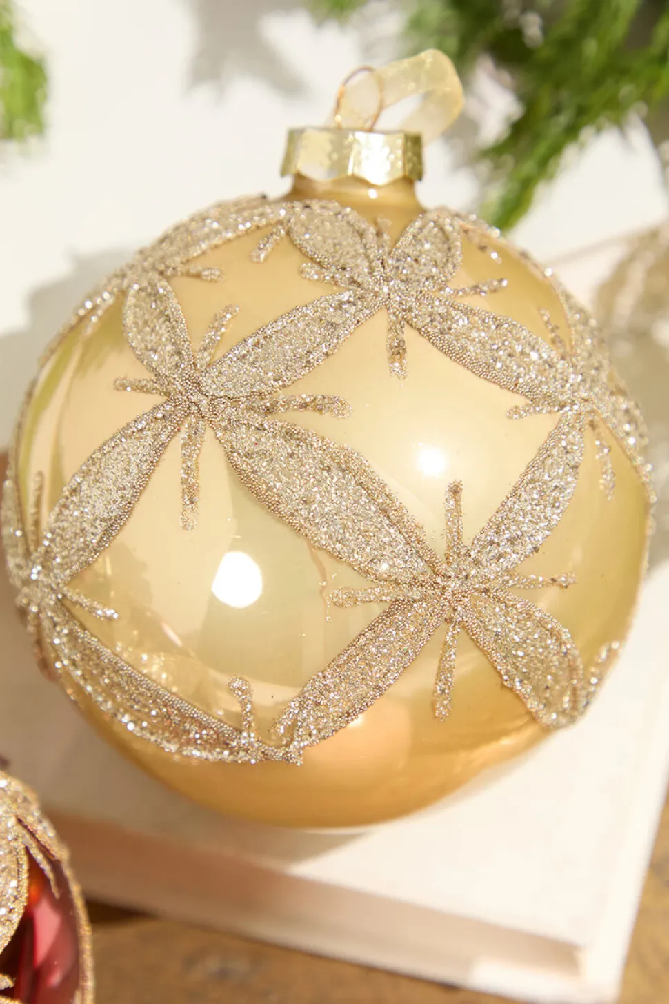 4” Gold & Burgundy Ball Glass Ornament