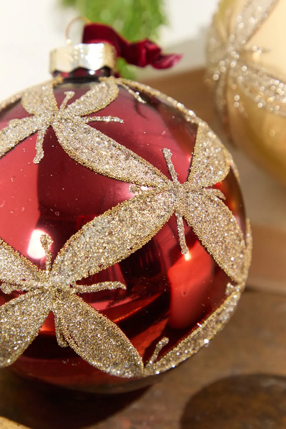 4” Gold & Burgundy Ball Glass Ornament