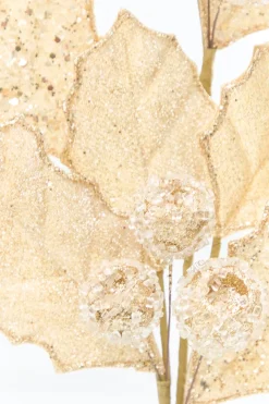 27" Gold Glitter Berry Leaf Spray