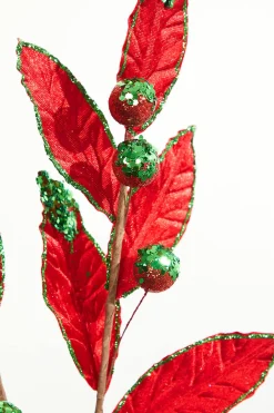 24" Green and Red Velvet Glitter Lead Stem