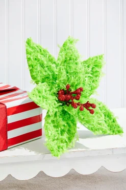 11" Green Furry Feather Fabric Poinsettia