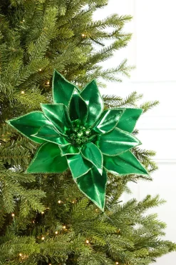 24" Green Retro Poinsettia Stem with Jingle Bells